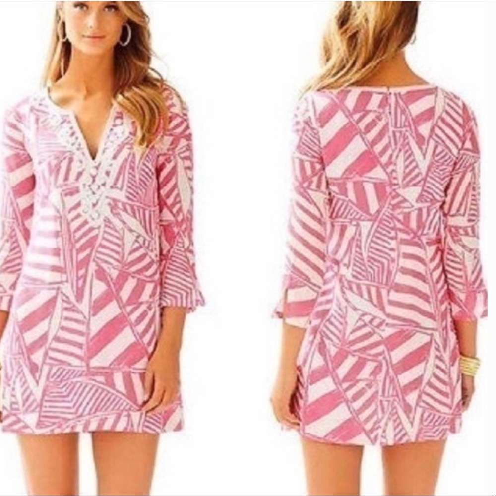NWT LILLY PULITZER Julianna tunic capri pink Yacht sea dress XL white beads